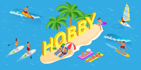 Isometric Hobby concept. Jet Ski, Sports. Surfer on Blue Ocean Wave. Fun in the ocean, Extreme Sport, water skiing. Active summer vacations with paddle board. Hobby Young People.のイラスト素材