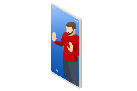 Isometric male prisoner, trapped in the phone. Pathological addiction to social networks, videos, news. The person has got phone addiction, FOMO, and device bad habit.のイラスト素材