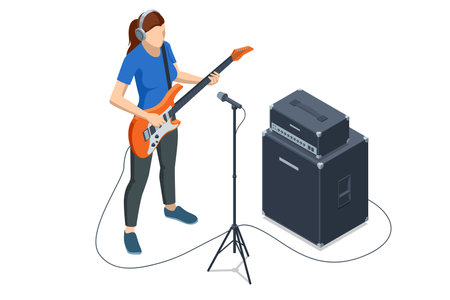 Isometric Realistic Electric Guitar. Woman playing an electric guitar and combo amp near isolated on white background. Rehearsal baseのイラスト素材