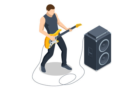 Isometric Realistic Electric Guitar. Man playing an electric guitar and combo amp near isolated on white background Rehearsal baseのイラスト素材