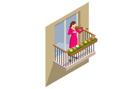 Isometric violinist. Woman playing the violin. Classical stringed musical instrument. Brown violin and bowのイラスト素材