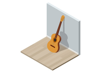 Isometric Classical Acoustic Six-String Guitar Isolated on White Background. The guitar stands near the wallのイラスト素材
