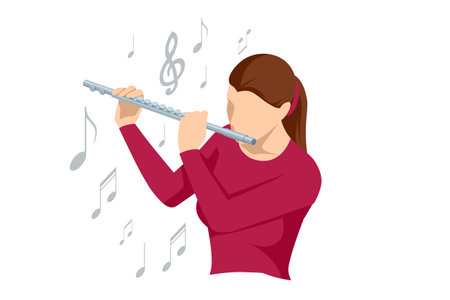 Isometric Woman plays the flute. Flute woodwind orchestral instrumentのイラスト素材
