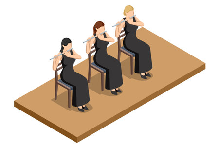 Isometric Woman plays the flute. Flute woodwind orchestral instrumentのイラスト素材
