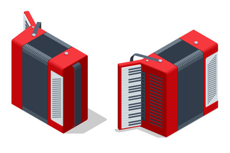 Isometric old red accordion isolated on a white backgroundのイラスト素材