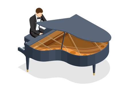 Isometric man playing the piano. Musical instrument grand piano isolated on white background. Classical musical instrument Grand pianoのイラスト素材