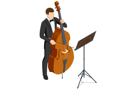 Isometric musician with a bow playing the double bass. Musical instrument Double bass Orchestra musicのイラスト素材