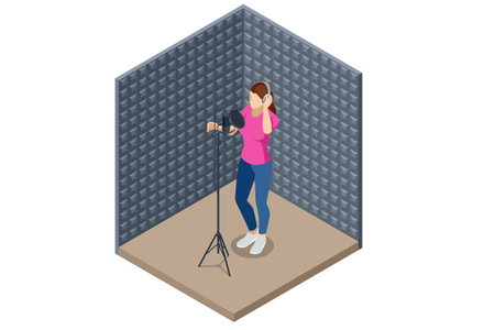 Isometric Music Recording Studio. Studio microphone. Soundproof wall in sound studio Woman singing into a condenser microphoneのイラスト素材