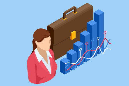 Isometric Businessman analyst working with digital finance. Data and key performance indicators for business intelligence analyticsのイラスト素材