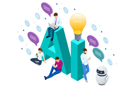 Isometric Artificial Intelligence, Knowledge Expertise Intelligence Learn. Internet connect Chatgpt Chat with AI, Artificial Intelligence.のイラスト素材