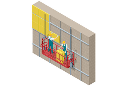 Isometric External Wall Insulation System, Building Facade Insulation Works. Styrofoam facade layers. Worker in Hardhat Holding Outdoor Wall Tileのイラスト素材