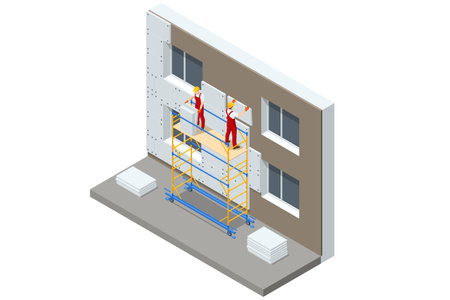 Isometric External Wall Insulation System, Building Facade Insulation Works. Styrofoam facade layers. Worker in Hardhat Holding Outdoor Wall Tileのイラスト素材