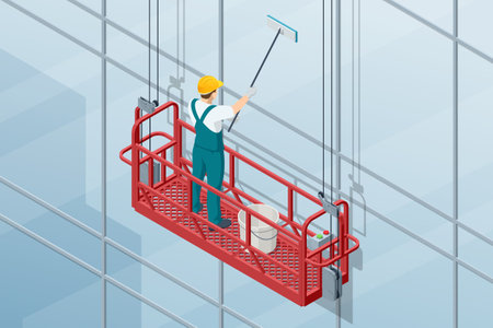 Isometric professional high rise window cleaning service workers in gondola. Clean windows of skyscraperのイラスト素材