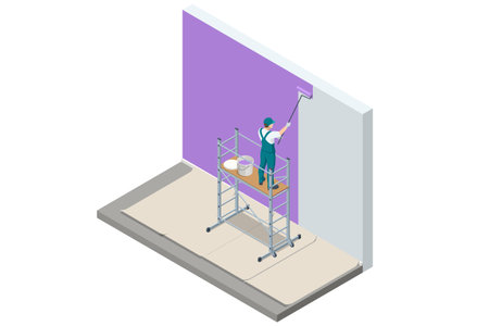 Isometric Worker painting the wall. Extensive scaffolding providing platforms for workのイラスト素材