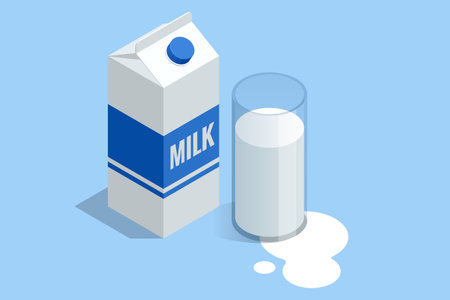 Isometric glass of milk with a gable package isolated on white background.のイラスト素材