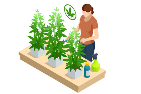 Isometric flowering cannabis plants. Herbal alternative medicine, cbd oil, pharmaceptical industry. Organic Cannabis Herbal Tea. Can be used for medical purposes for sleep and anxietyのイラスト素材