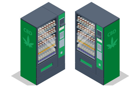 Isometric CBD vending machine. Herbal alternative medicine, cbd oil, pharmaceptical industry Automatic vending machine sells legal cannabis productsのイラスト素材
