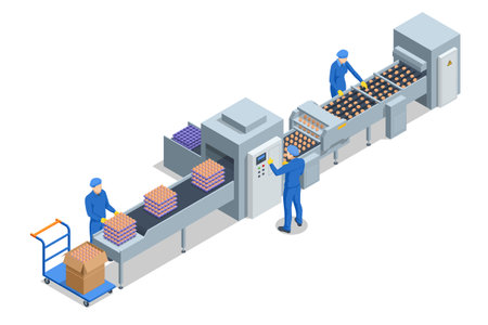 Isometric Fresh Chicken eggs are Moving on a Conveyor Belt, Being Sorted According to Size on a Modern Poulty Factoryのイラスト素材