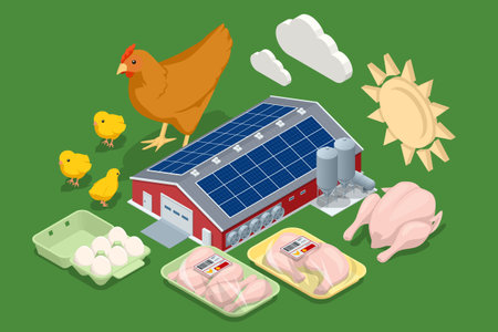 Isometric Poultry Farm Industrial. Poultry farm building, production of chicken meat, eggs, poultry productsのイラスト素材