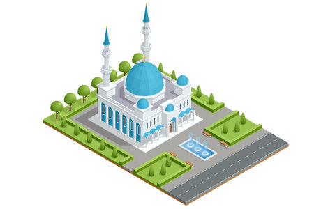 Isometric Church Building in Islam building isolated on a white background.. Mosque, Islam, Religionのイラスト素材