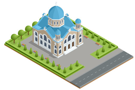 Isometric Synagogue Mosque Building. Synagogues are consecrated spaces used for the purpose of Jewish prayer, study, assembly, and reading of the Torahのイラスト素材