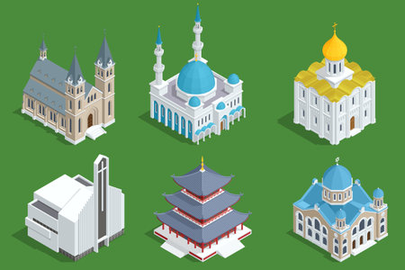 Isometric Orthodox church, Synagogue Mosque, Buddhist temple or Buddhist monastery, Christian Protestant Church, Church Building in Islam and Catholic church buildingsのイラスト素材