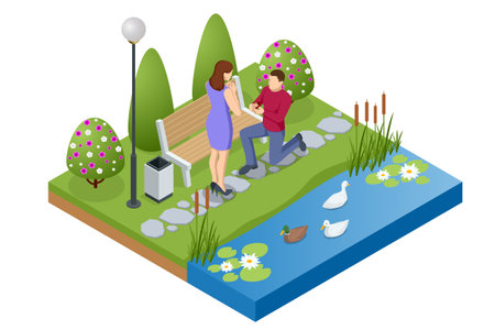 Isometric man kneels in front of a woman and holds a wedding ring. Wedding, family and love. Creating a new family. Wedding ring and gift boxのイラスト素材