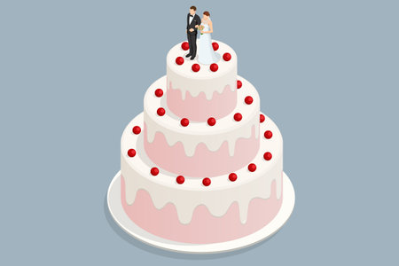 Isometric wedding cake with berries, figurines of bride and groom on top. Sweetness for wedding...