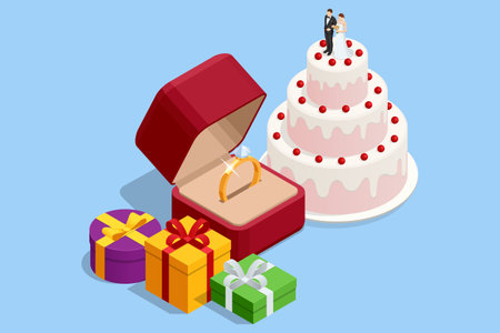 Isometric gift boxes for wedding day. Wedding cake with berries, figurines of bride and groom on top. diamond engagement ring in red box. Wedding proposal and love.のイラスト素材