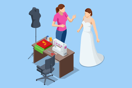 Isometric bride wearing her wedding gown with female dress designer. Tailor helps the bride with her wedding dressのイラスト素材