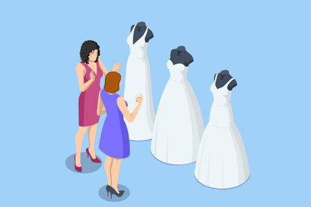 Bride wearing her wedding gown with female dress designer. Isometric woman on her wedding day and choosing a wedding dress in the shop and the shop assistant is helping herのイラスト素材