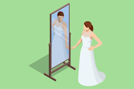 Isometric Bride is standing in front of mirror and fitting dress. Woman on her wedding day and choosing a wedding dress in the shopのイラスト素材