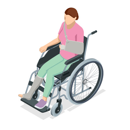 Isometric woman with an arm injury and a leg injury in a cast sits in a wheelchair. Social security and health insurance concept.のイラスト素材