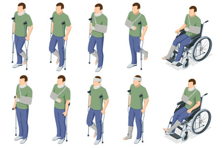 Isometric man with injury, medical treatment and fixation of broken bones, with bandage and plaster....