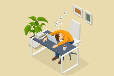 Isometric tired overworked employee sleeping in the office. Tiredness and exhaustion concept. Tired businessman sleeping on his desk in front of laptopのイラスト素材
