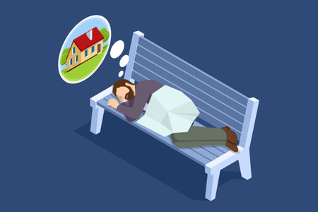 Isometric a homeless man sleeps on a bench on the street. A poor, tired man is resting.のイラスト素材