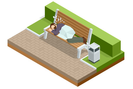 Isometric a homeless man sleeps on a bench on the street. A poor, tired man is resting.のイラスト素材