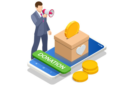 Isometric people characters donate money for charity online. Financial assistance is crucial for our humanitarian projects. Donate to make a positive impact on someone s life.のイラスト素材