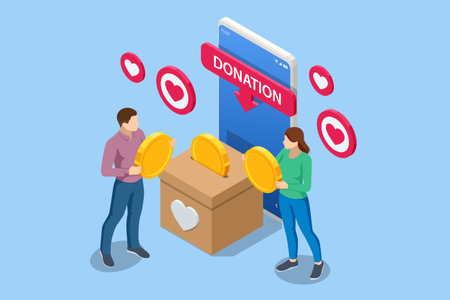 Isometric people characters donate money for charity online. Payment of kindness is accepted here. Donate to join our community of compassionate individuals making a differenceのイラスト素材