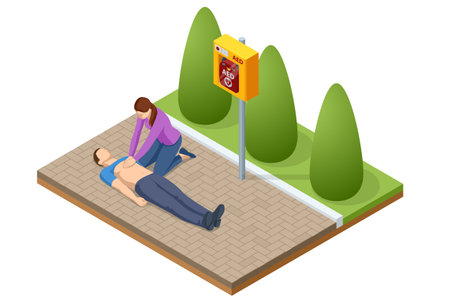 Isometric concept of Cardiac Massage CPR Emergency Aid. Woman performing chest compressions and artificial ventilation.のイラスト素材