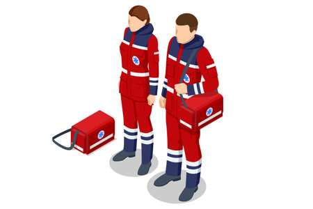 Isometric Paramedics man and woman dressed in uniform. Male and female emergency medical serviice employee.のイラスト素材