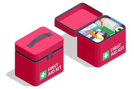 Isometric open first aid kit box with medical equipment and medications for emergencyのイラスト素材