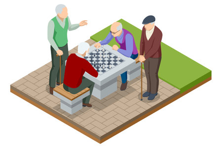 Isometric senior friends playing chess game at the park. Logical tactical turn-based game, chess tournament, sport game, hobby and interests, highly intellectual occupation.のイラスト素材