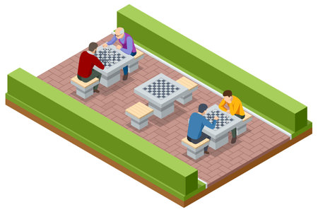 Isometric mens friends playing a chess game at the park. Logical tactical turn-based game, chess tournament, sports game, hobby and interests, highly intellectual occupation.のイラスト素材