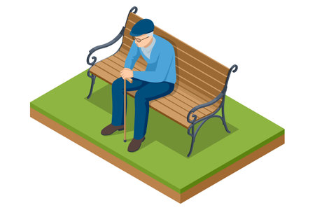 Isometric old man sitting on a bench in the park. Leisure activity, retirement. Grandfather resting in park, fresh air recreation. Old-age pensioner with disabilities.のイラスト素材