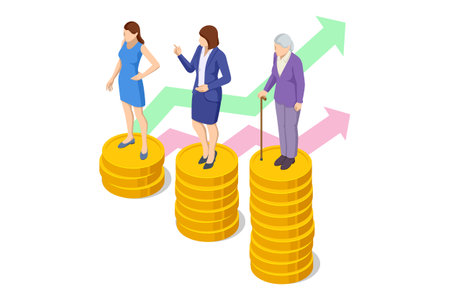 Isometric Retirement savings concept. Financial independence idea. Economy and wealth. Grandparents saved up money for comfortable old age. Pensioners Invest Money.のイラスト素材