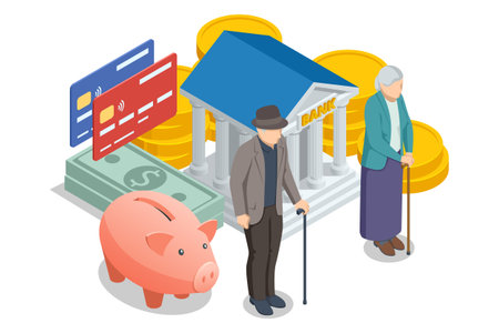 Isometric Retirement savings concept. Financial independence idea. Economy and wealth. Grandparents saved up money for comfortable old age.のイラスト素材