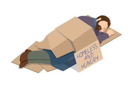 Isometric Homeless needing help, begging money man, bum. A hungry, homeless and poor man sleeps on the ground, covered with cardboard. Paper with the text request for help.のイラスト素材