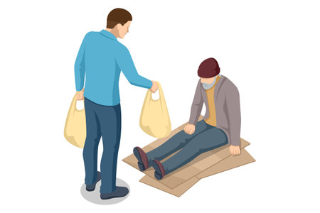 Isometric Homeless needing help, begging money man, bum. Delivery of donations for the manufacture of meals for homeless people on the streetsのイラスト素材