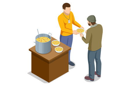 Isometric Homeless needing help, begging money man, bum. Delivery of donations for the manufacture of meals for homeless people on the streetsのイラスト素材